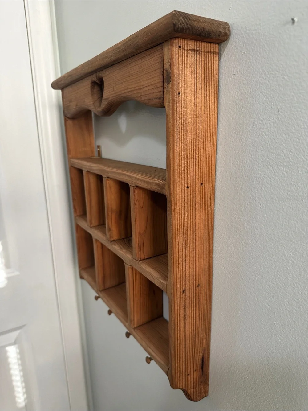 Vintage Pine Wood Shadow Box Display Shelf Heart Curio With 4 Hooks Wall Hanging